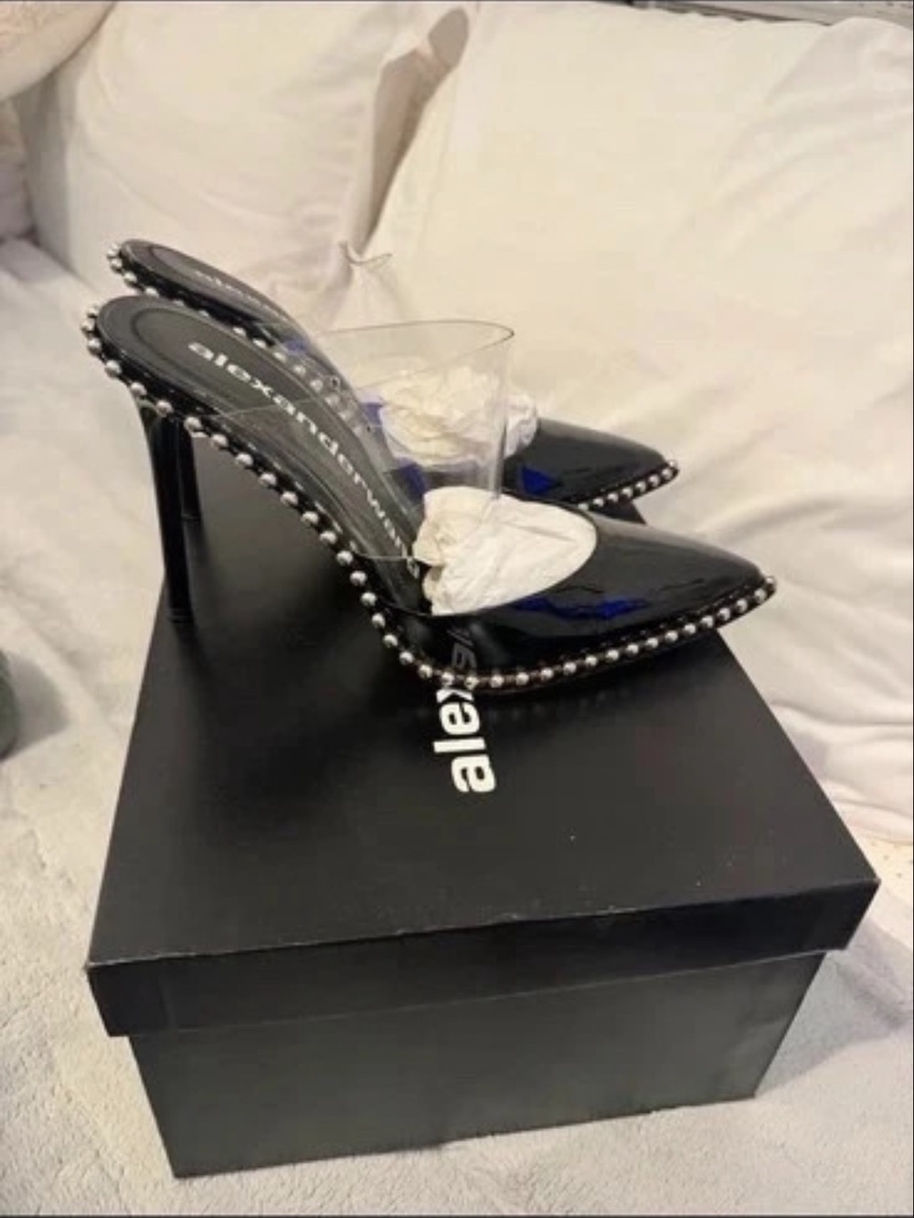 Alexander Wang Black Patent Pointed-Toe Mule Heels with Silver Stud Trim